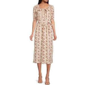 a loves a ♡ tie scoop neck short puff sleeve floral print belted midi dress